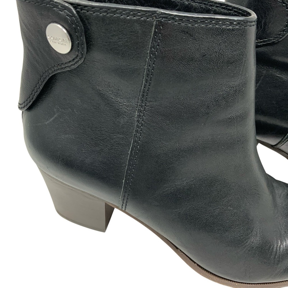 Coach Waldorf Black Leather Ankle Boot Silver Toe Trim Chunky Heel‎ Size 8 - Picture 3 of 15
